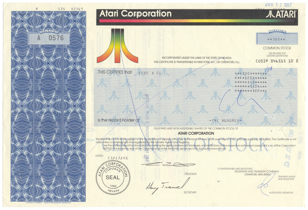 Atari Corporation Stock Certificate