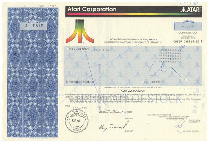 Atari Corporation Stock Certificate