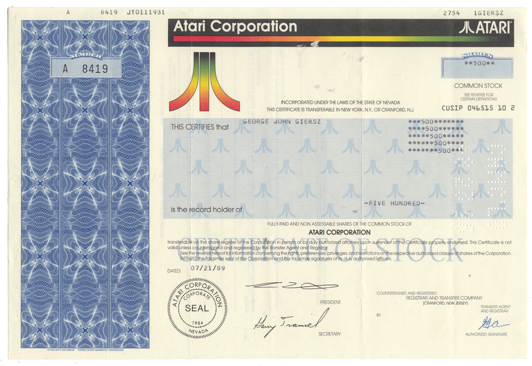 Atari Corporation stock certificate with logo and text