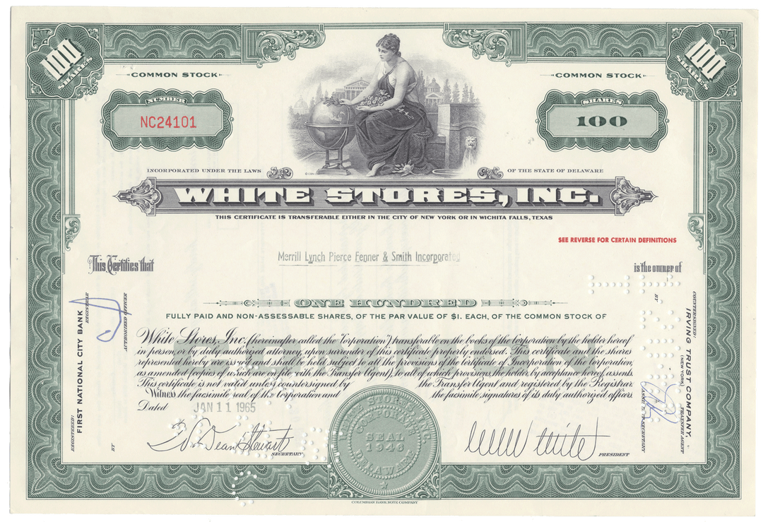 Vintage stock certificate for White Stores, Inc. with decorative elements and text.