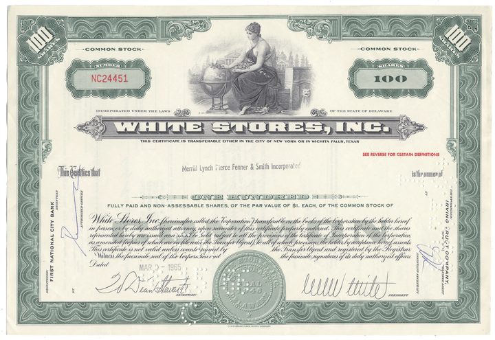 White Stores, Inc. Stock Certificate