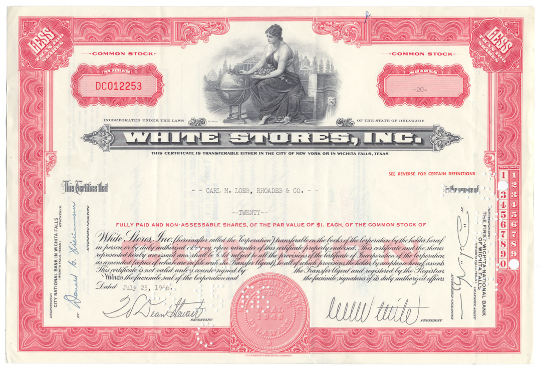 White Stores, Inc. Stock Certificate