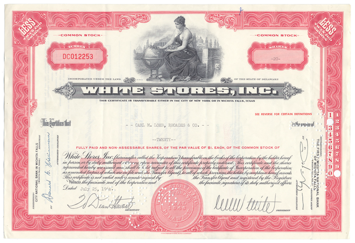 White Stores, Inc. Stock Certificate