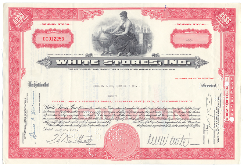 White Stores, Inc. Stock Certificate