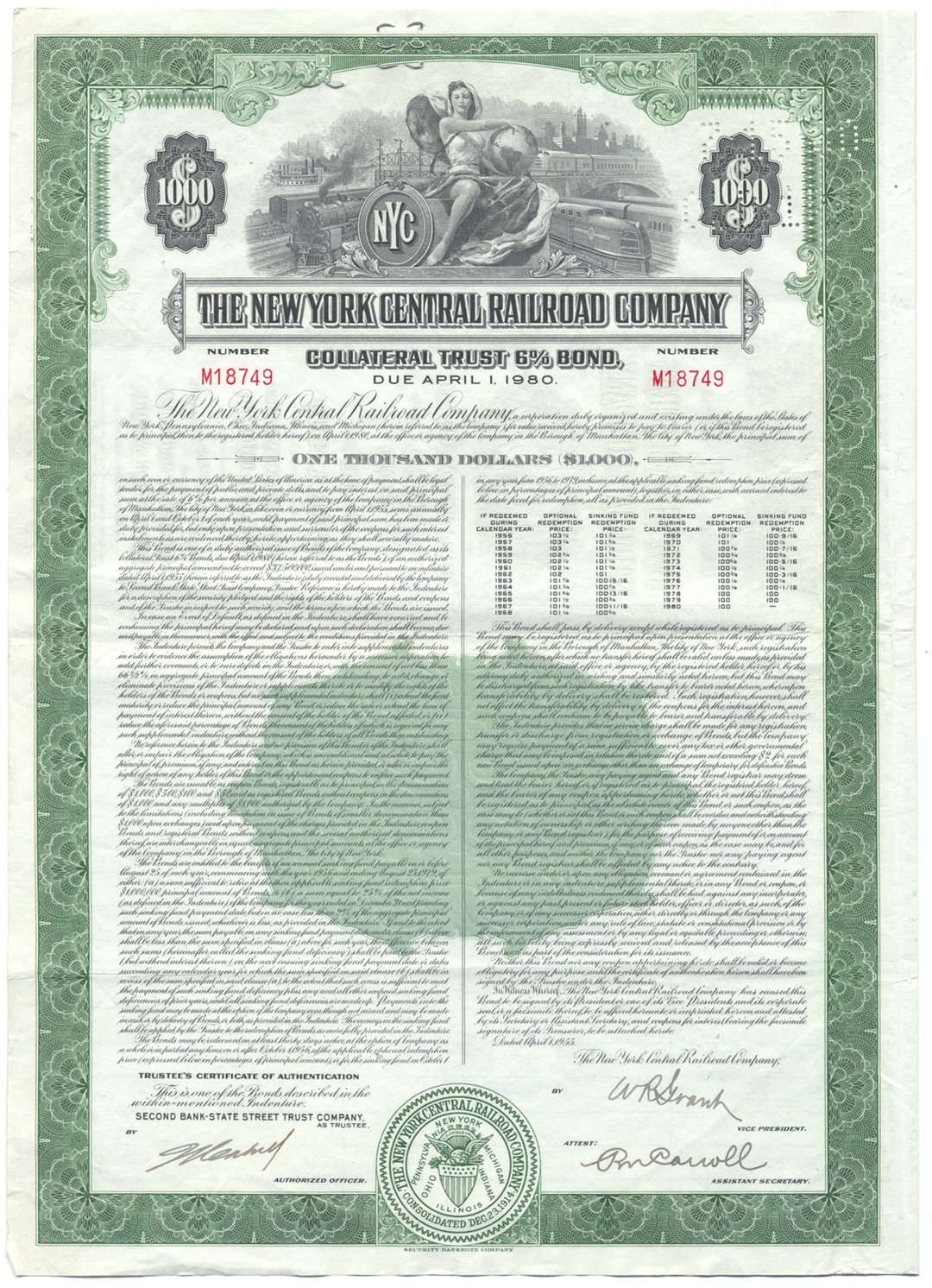 Vintage bond certificate of The New York Central Railroad Company