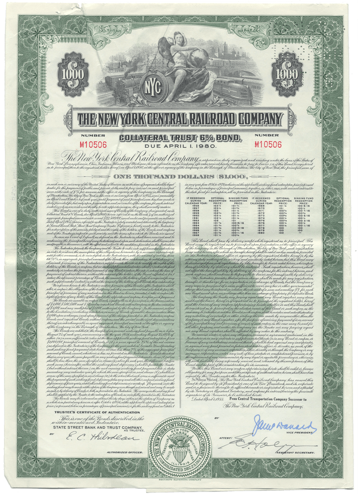 The New York Central Railroad Company bond certificate