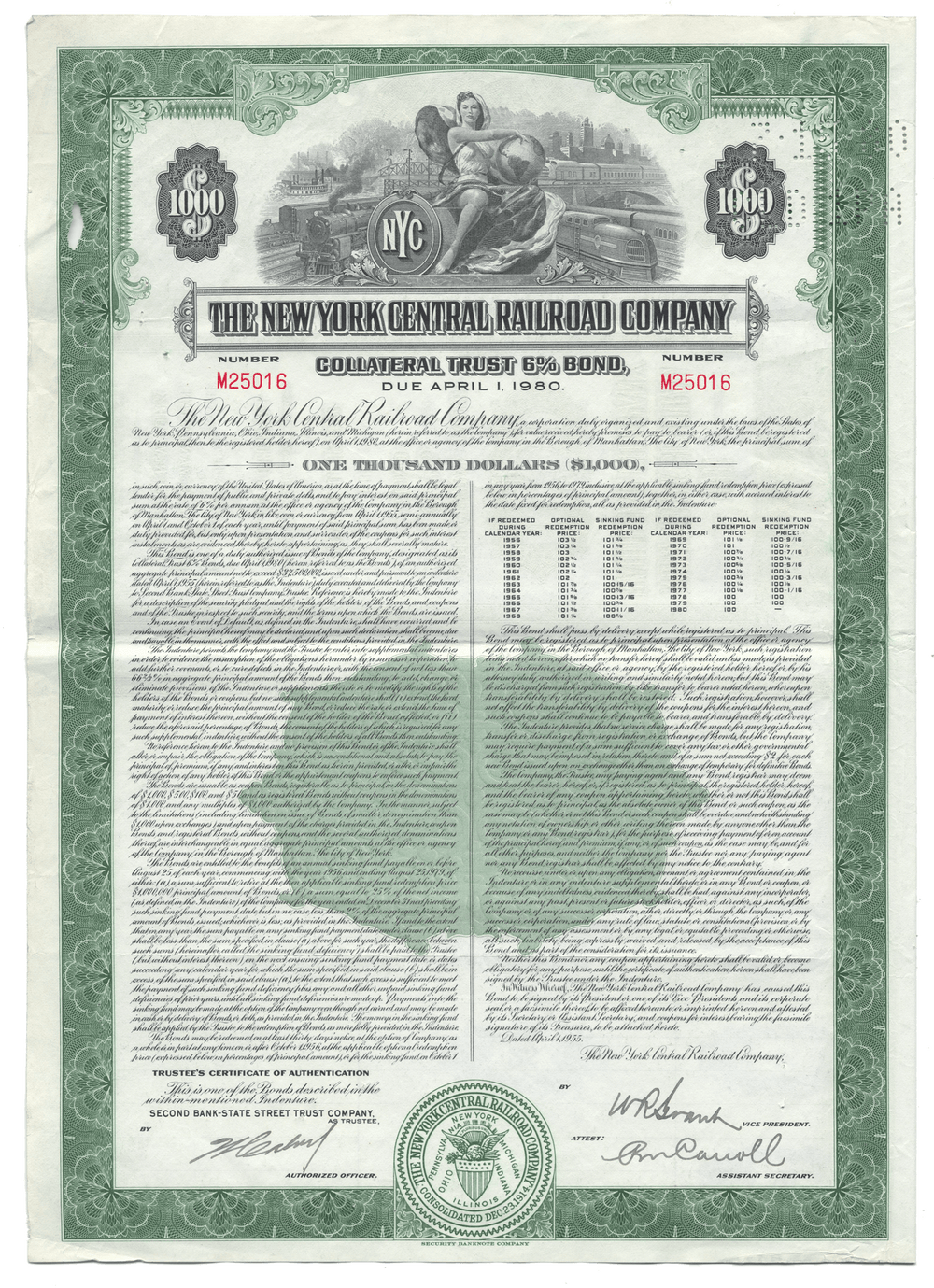 Historical bond certificate from The New York Central Railroad Company with green border and text.