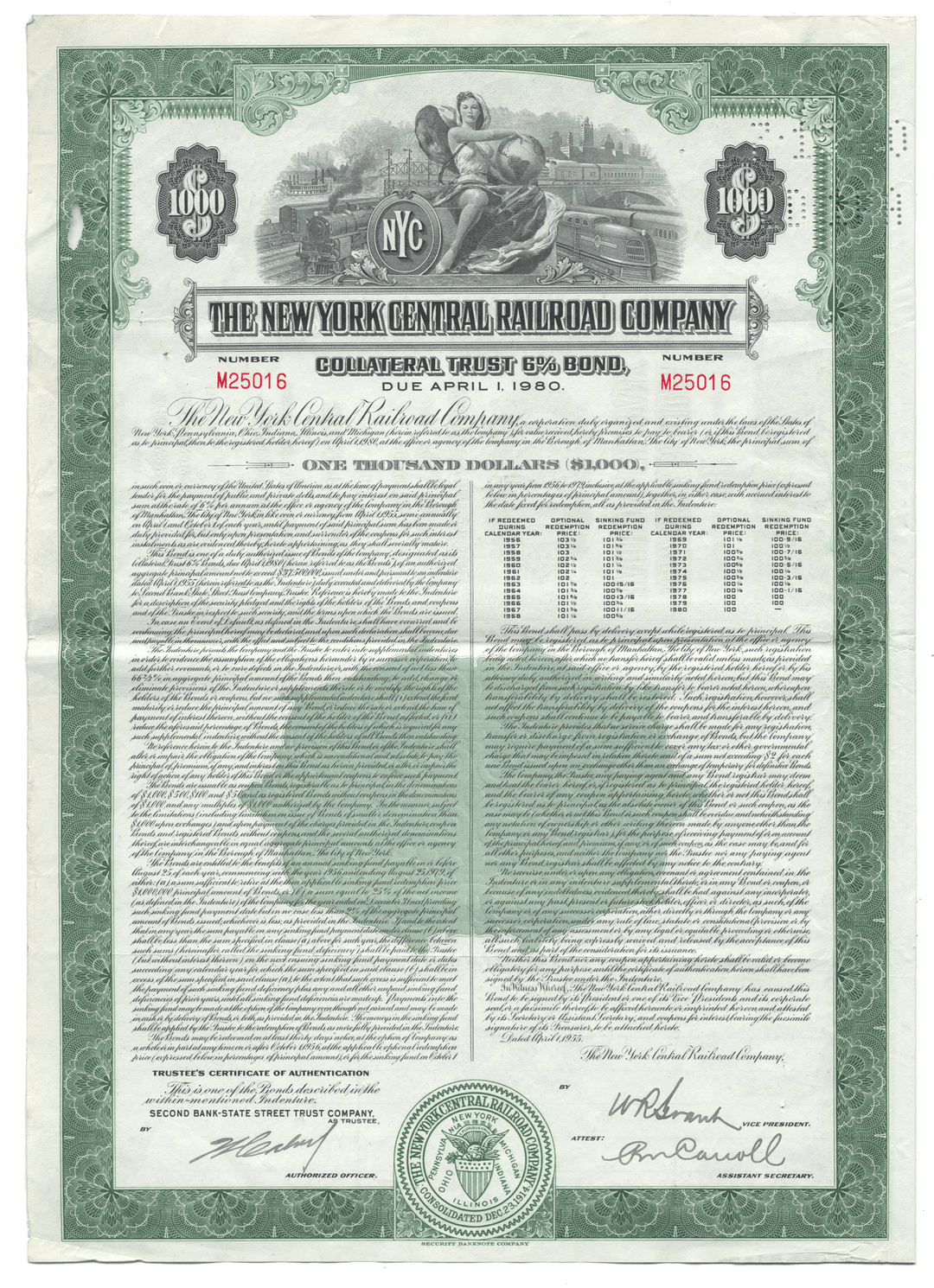 Historical bond certificate from The New York Central Railroad Company with green border and text.