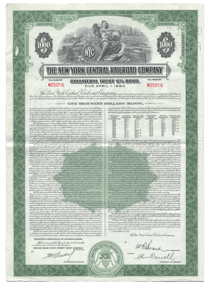 Historical bond certificate from The New York Central Railroad Company with green border and text.