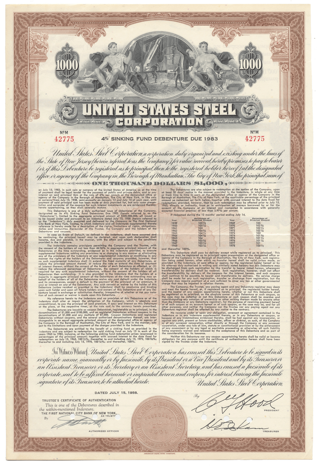 United States Steel Corporation bond certificate from 1958