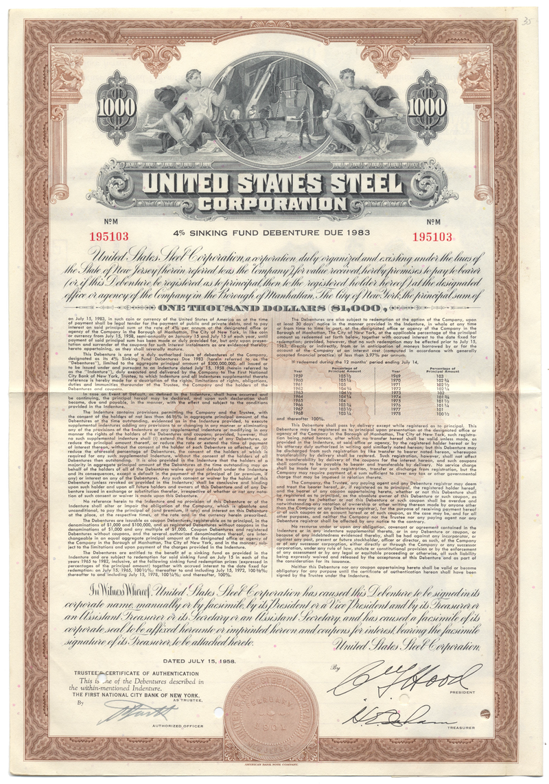 United States Steel Corporation Bond Certificate