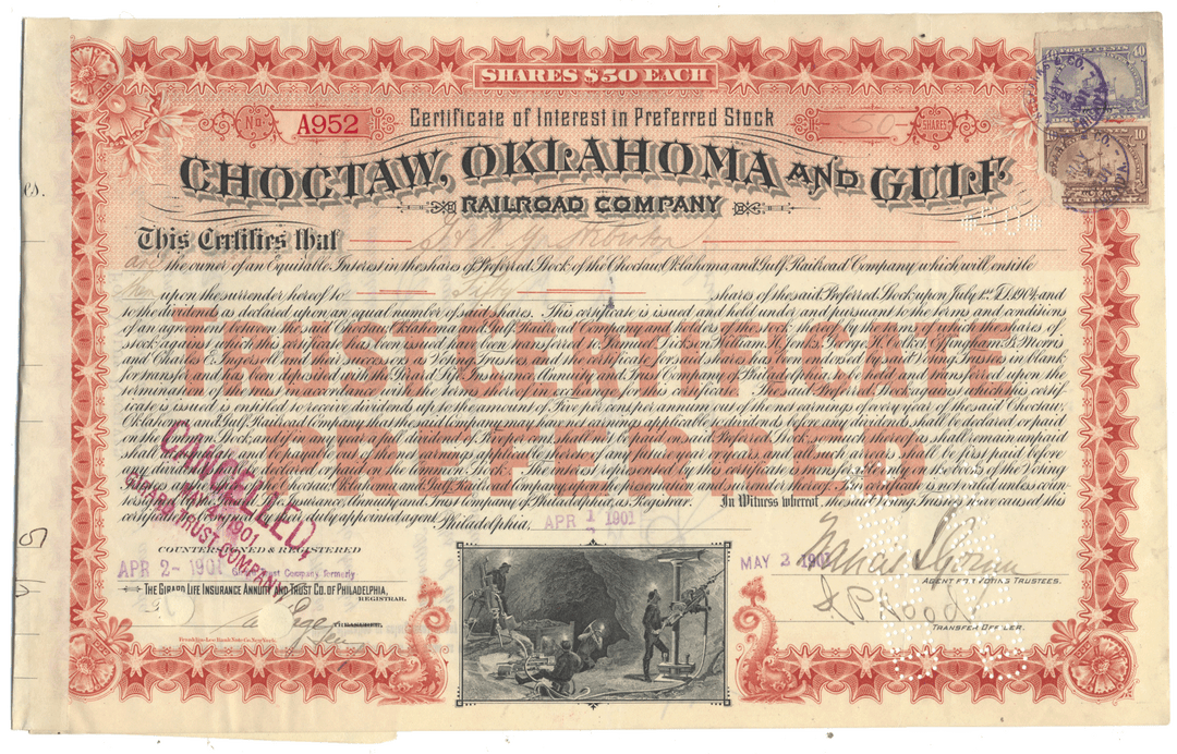 An antique 1901 Choctaw, Oklahoma and Gulf Railroad company stock certificate