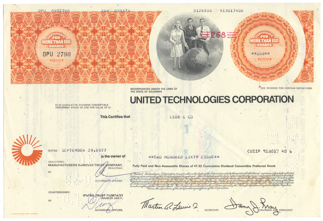 United Technologies Corporation Stock Certificate