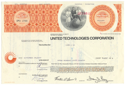 United Technologies Corporation Stock Certificate
