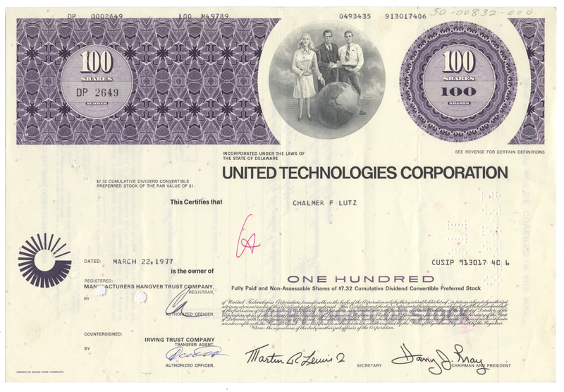 United Technologies Corporation Stock Certificate