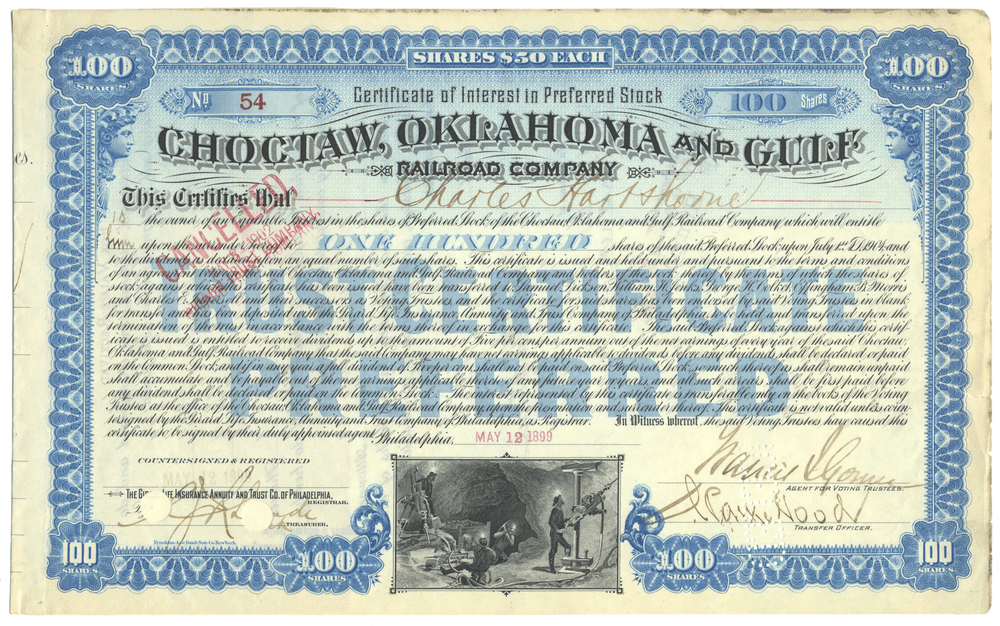 Vintage Choctaw, Oklahoma and Gulf Railroad Company stock certificate