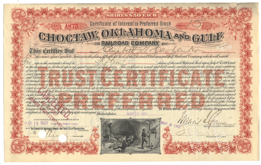 Trust certificate of the Choctaw, Oklahoma and Gulf Railroad Company.