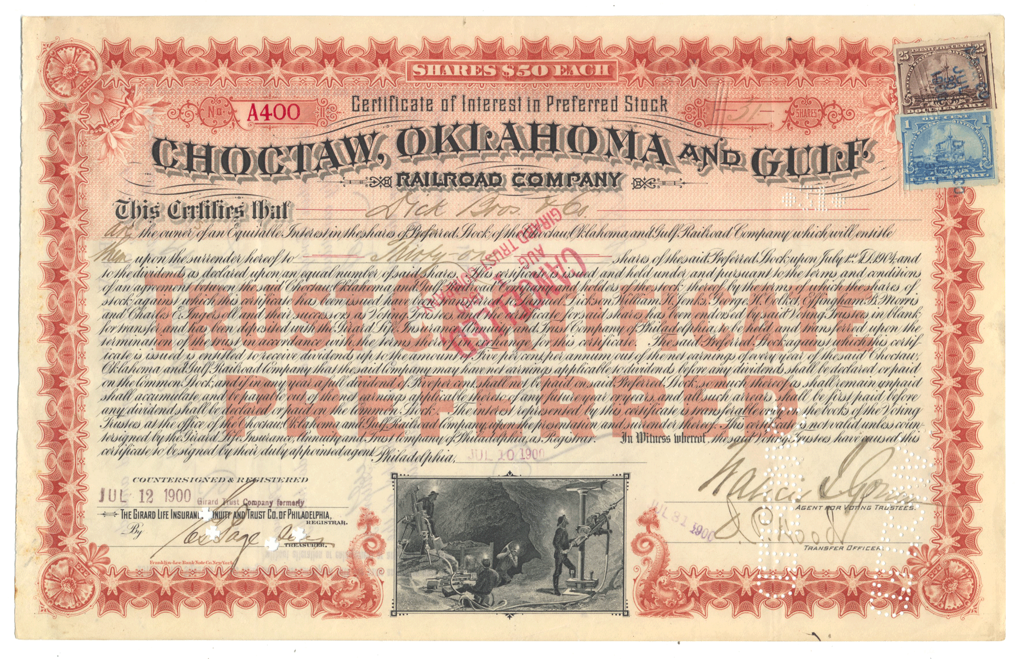 Historical stock certificate for Choctaw, Oklahoma and Gulf Railroad Company from 1900