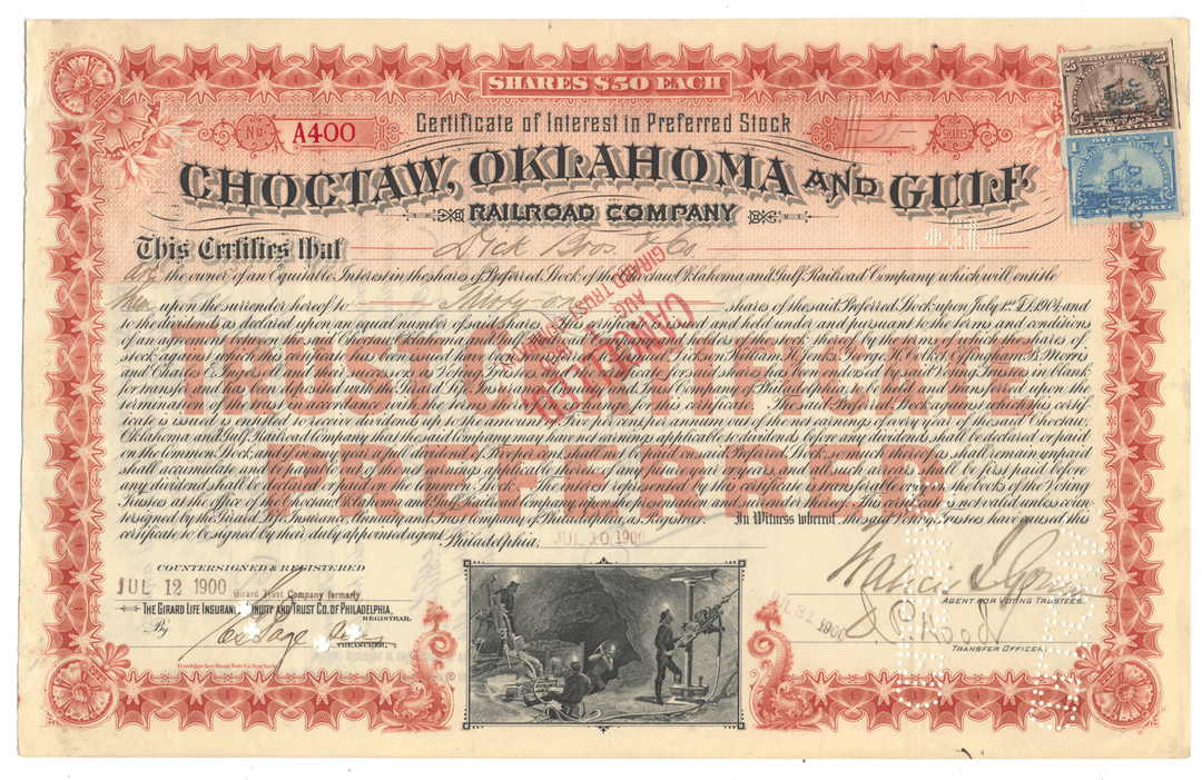 Historical stock certificate for Choctaw, Oklahoma and Gulf Railroad Company from 1900