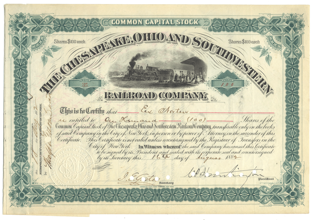 Chesapeake, Ohio and Southwestern Railroad Company Stock Certificate Signed by Collis P. Huntington