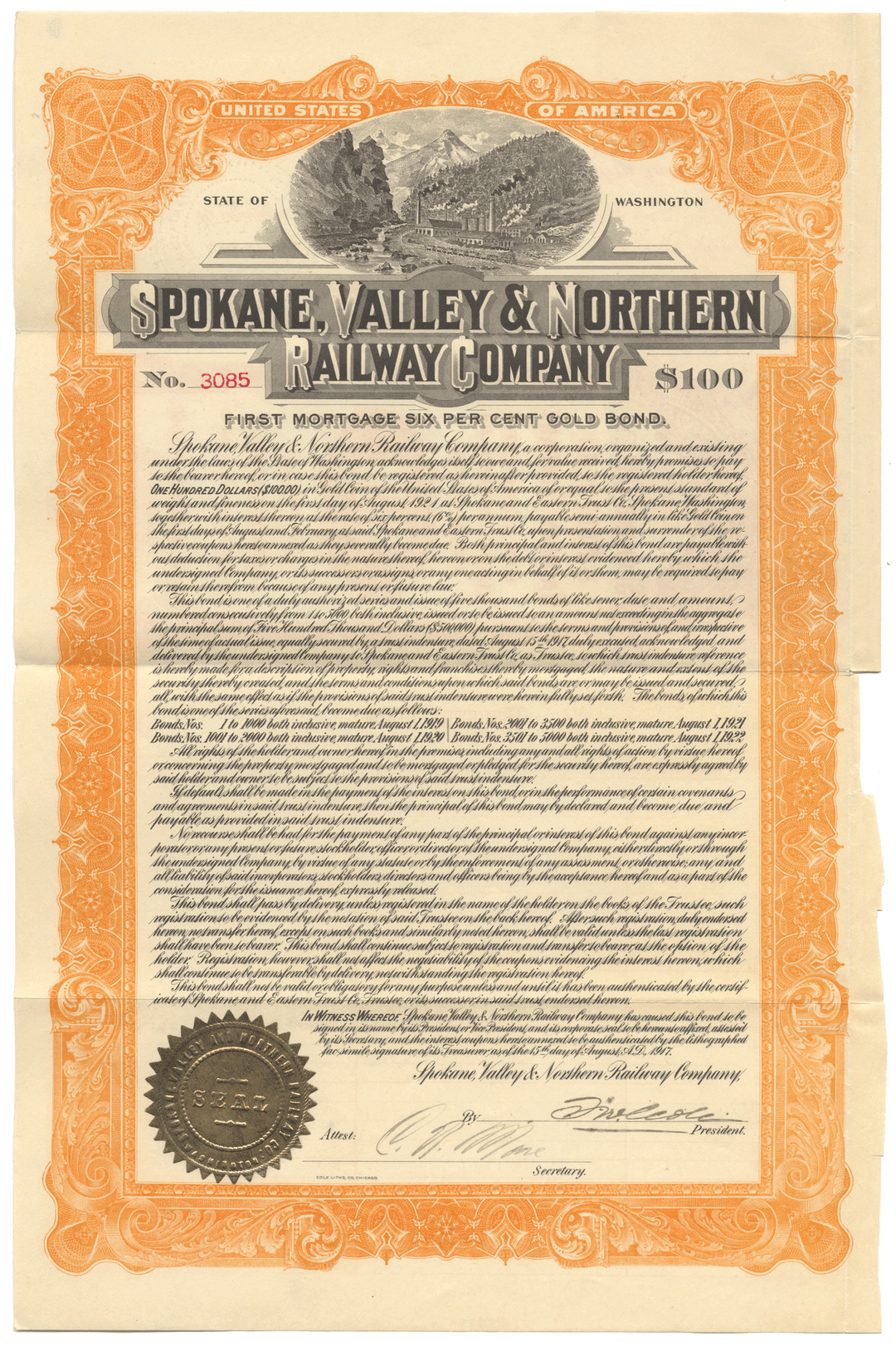 Spokane Valley & Northern Railway Company bond certificate with decorative border and text.