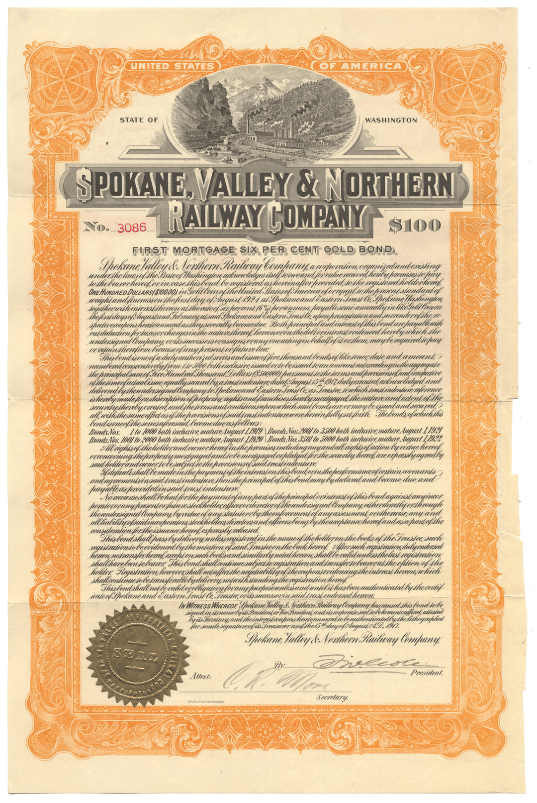 Spokane Valley & Northern Railway Company bond certificate from 1917