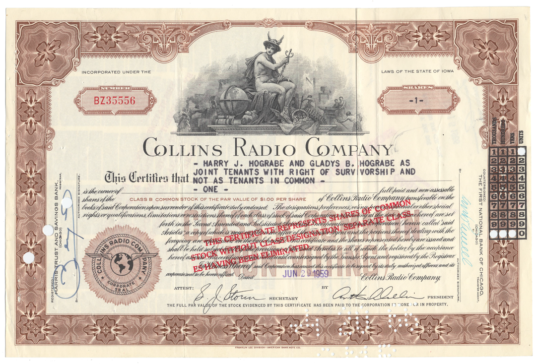 Collins Radio Company Stock Certificate