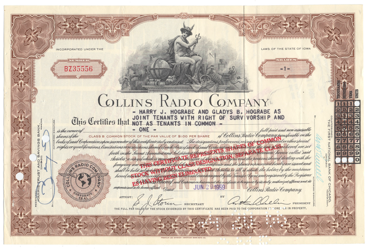 Collins Radio Company Stock Certificate