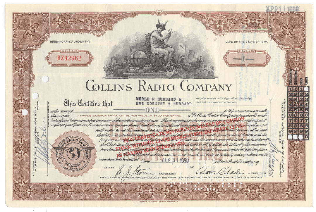 Collins Radio Company stock certificate with decorative elements and text.