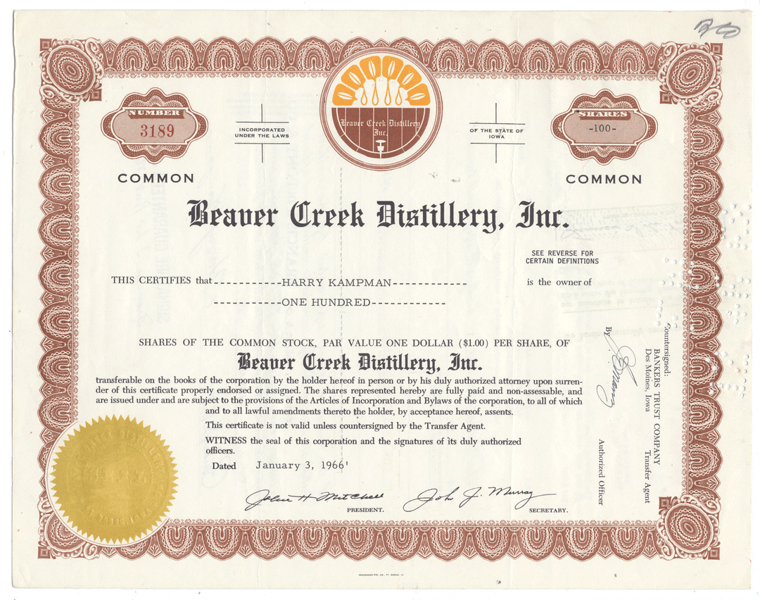 Beaver Creek Distillery Inc. stock certificate dated 1966
