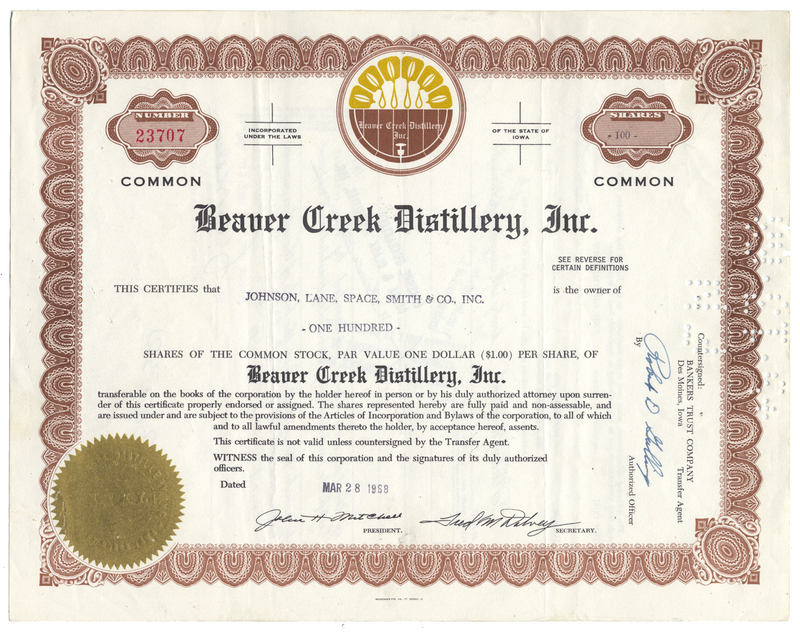 Beaver Creek Distillery, Inc. Stock Certificate