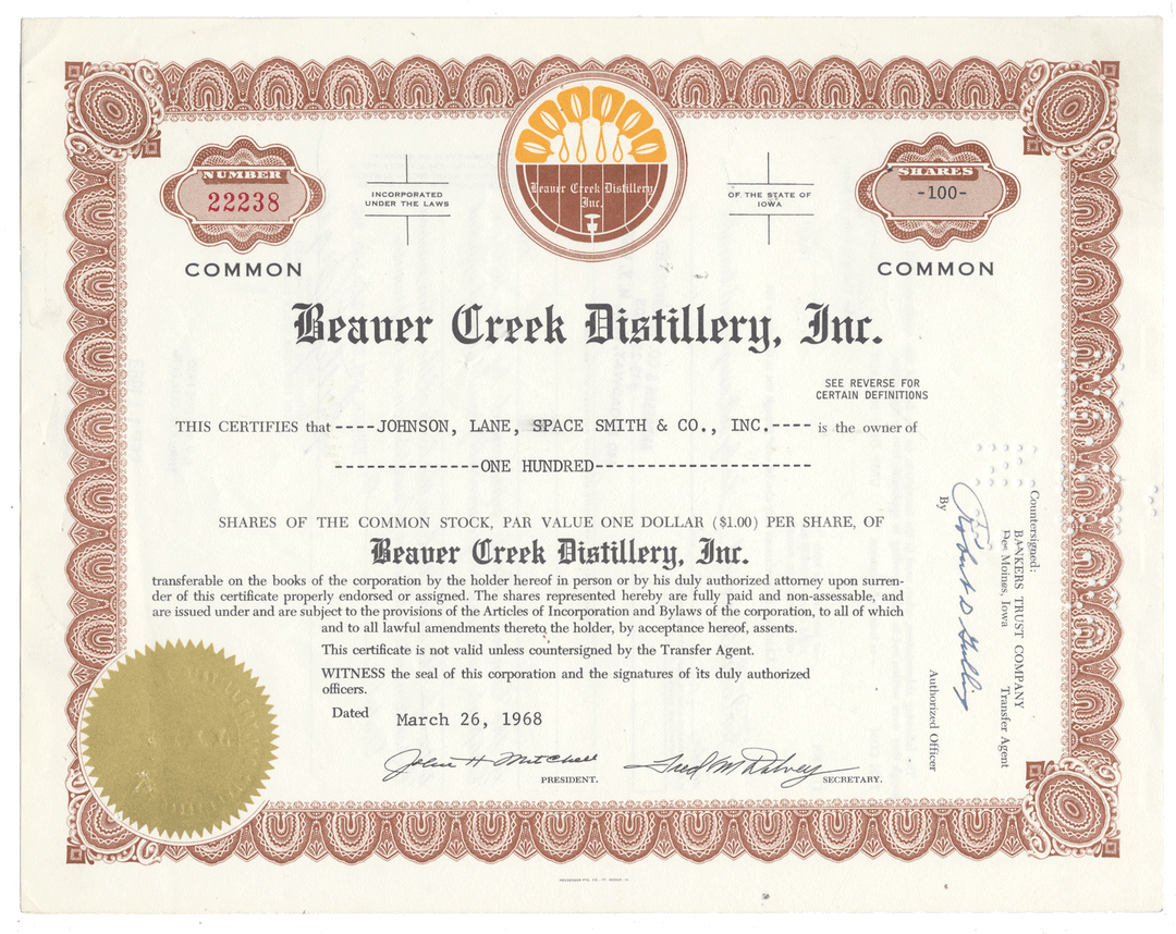 Vintage stock certificate for Beaver Creek Distillery, Inc., dated March 26, 1968
