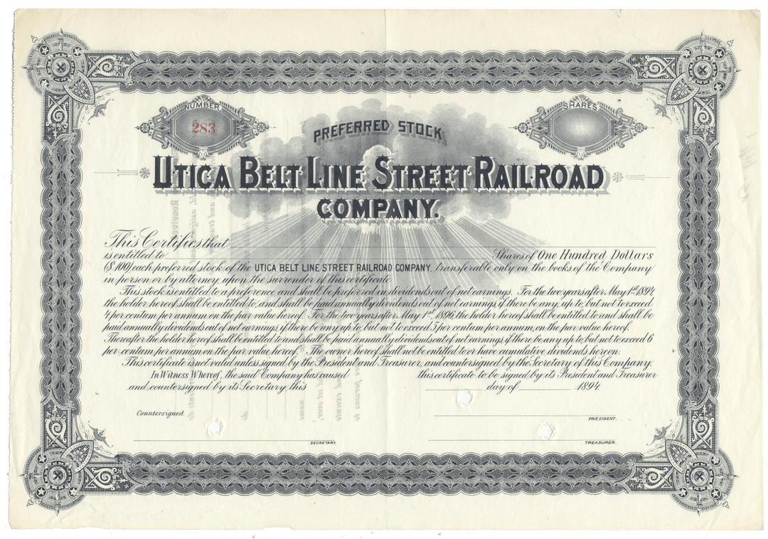 Stock certificate of the Utica Belt Line Street Railroad Company with decorative border circa 1890's