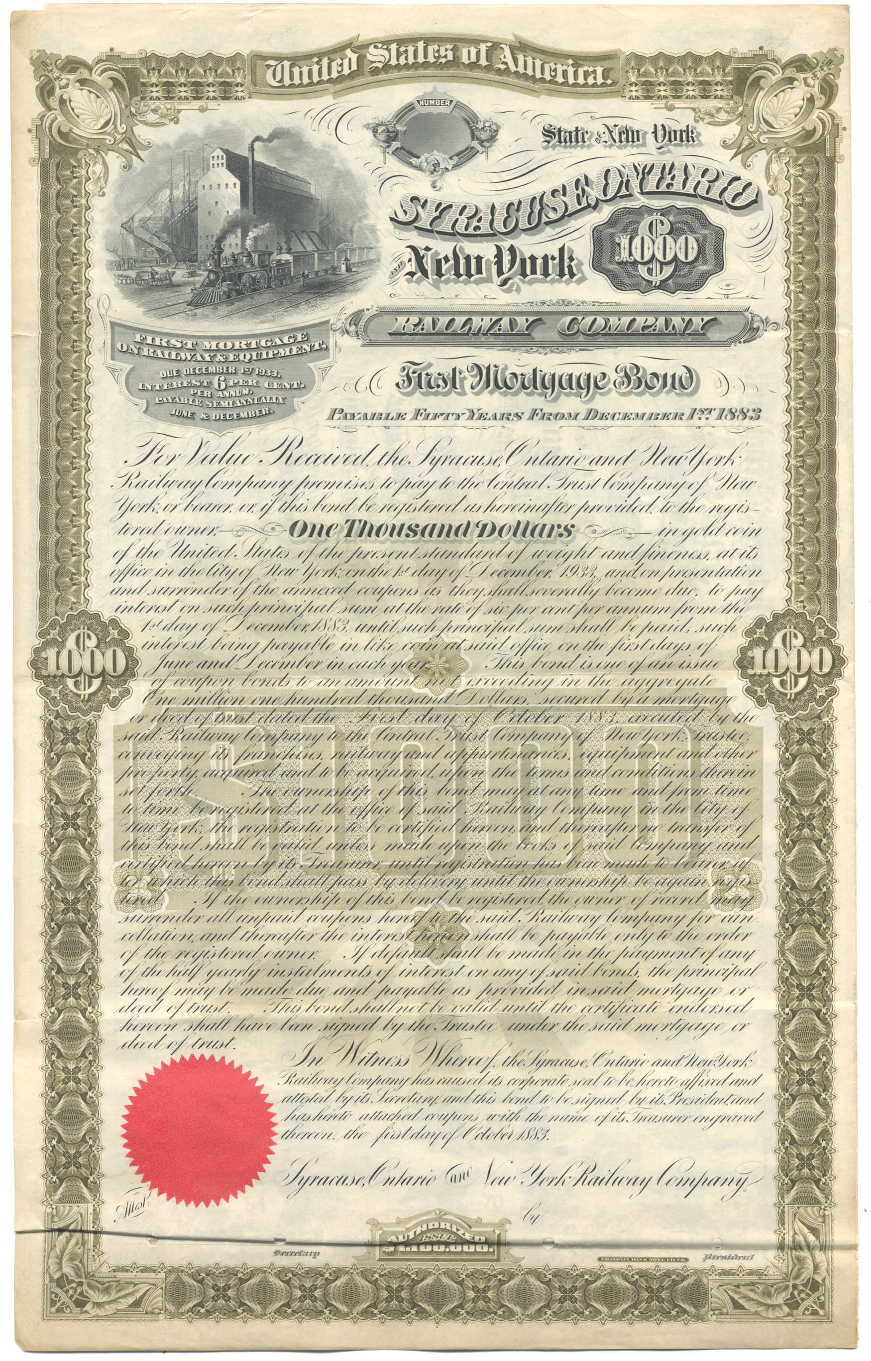 Syracuse, Ontario & New York Railway Company Specimen Bond Certificate
