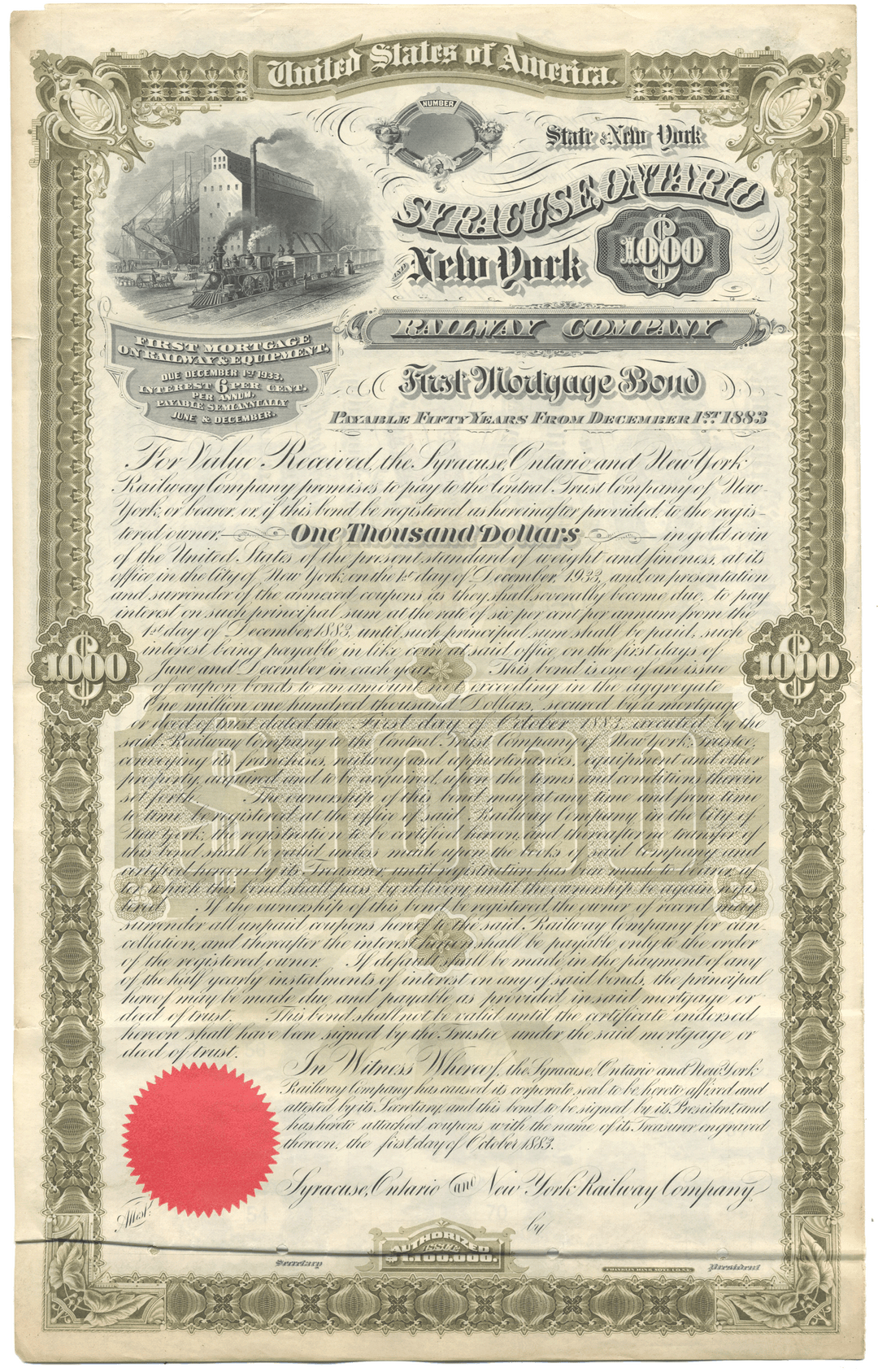 Syracuse, Ontario & New York Railway Company Specimen Bond Certificate