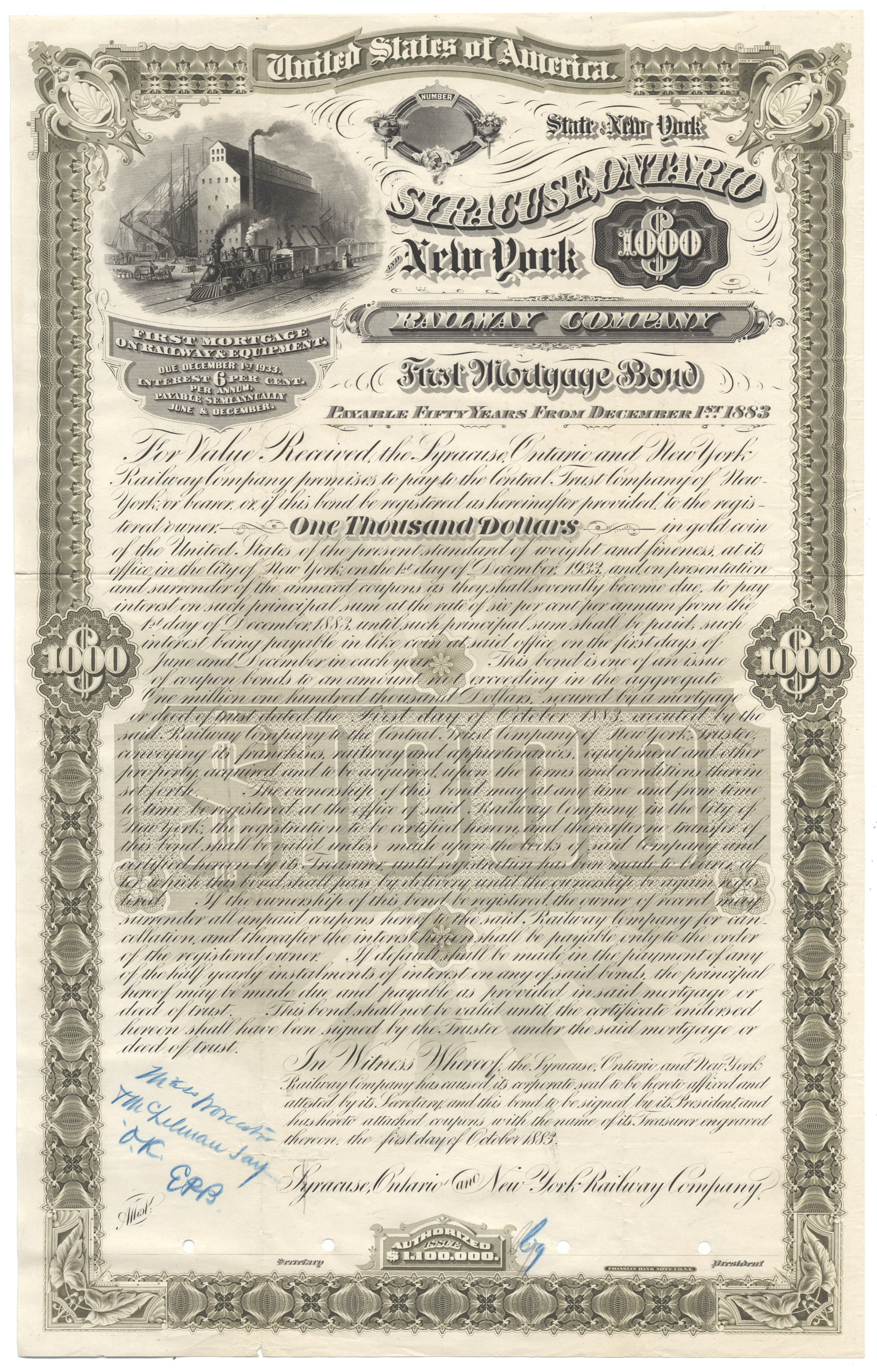 Syracuse, Ontario & New York Railway Company Proof Bond Certificate