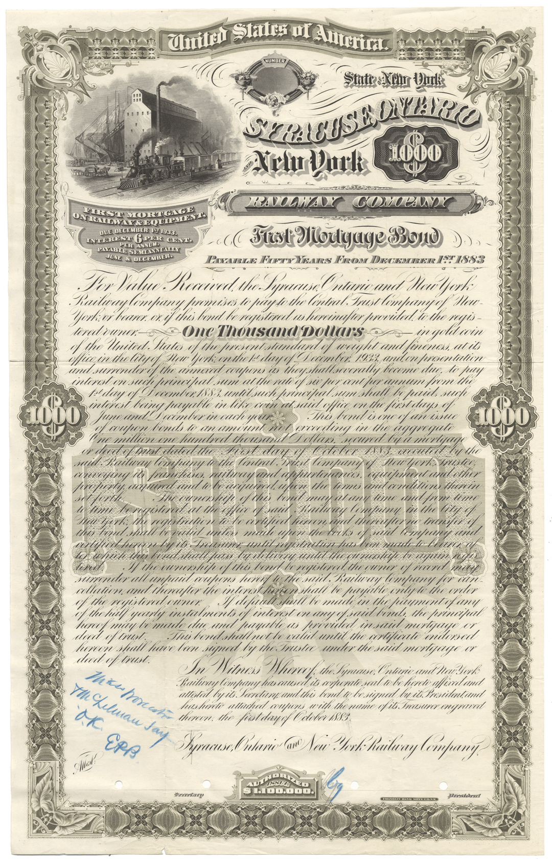 Syracuse, Ontario & New York Railway Company Proof Bond Certificate