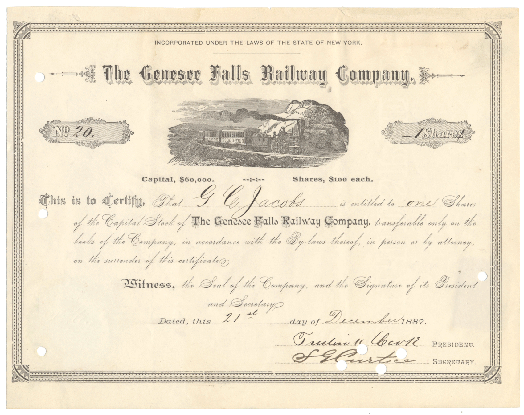 Genesee Falls Railway Company Stock Certificate