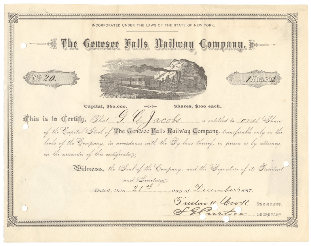 Genesee Falls Railway Company Stock Certificate