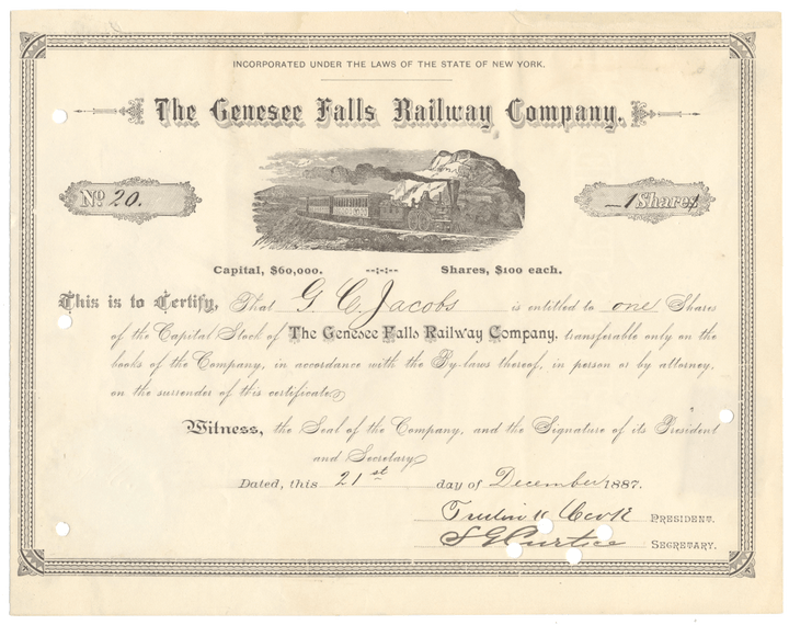 Genesee Falls Railway Company Stock Certificate