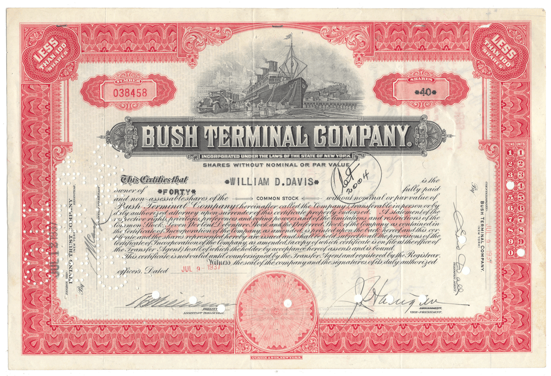 Vintage stock certificate for Bush Terminal Company with red and black design.