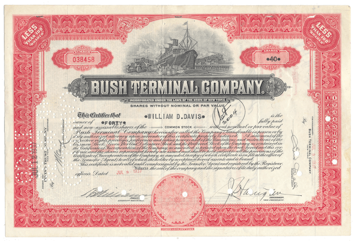 Vintage stock certificate for Bush Terminal Company with red and black design.