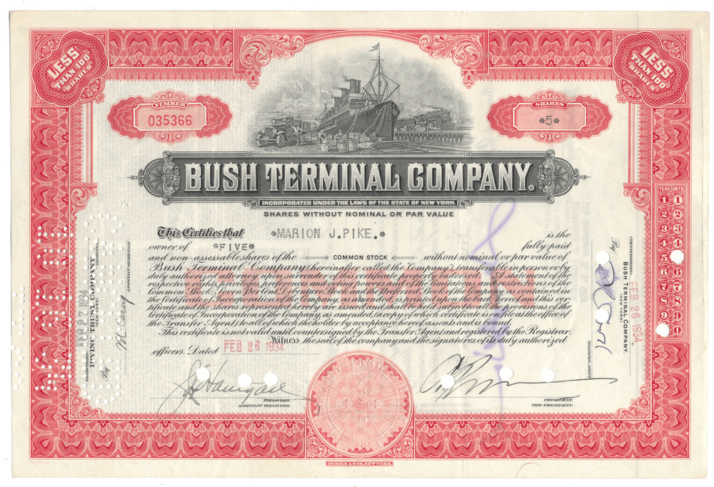 Vintage stock certificate for Bush Terminal Company with red and black design.