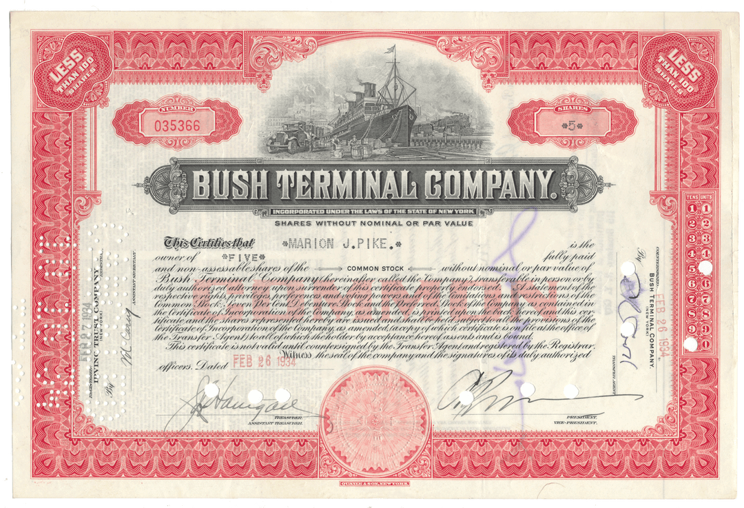 Vintage stock certificate for Bush Terminal Company with red and black design.