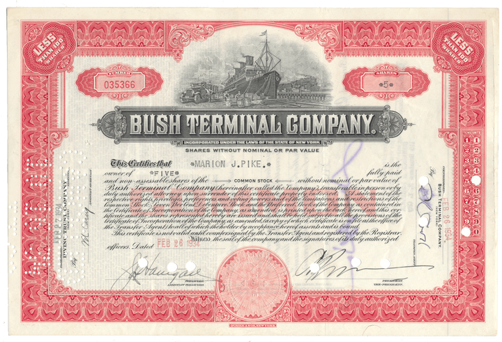 Vintage stock certificate for Bush Terminal Company with red and black design.