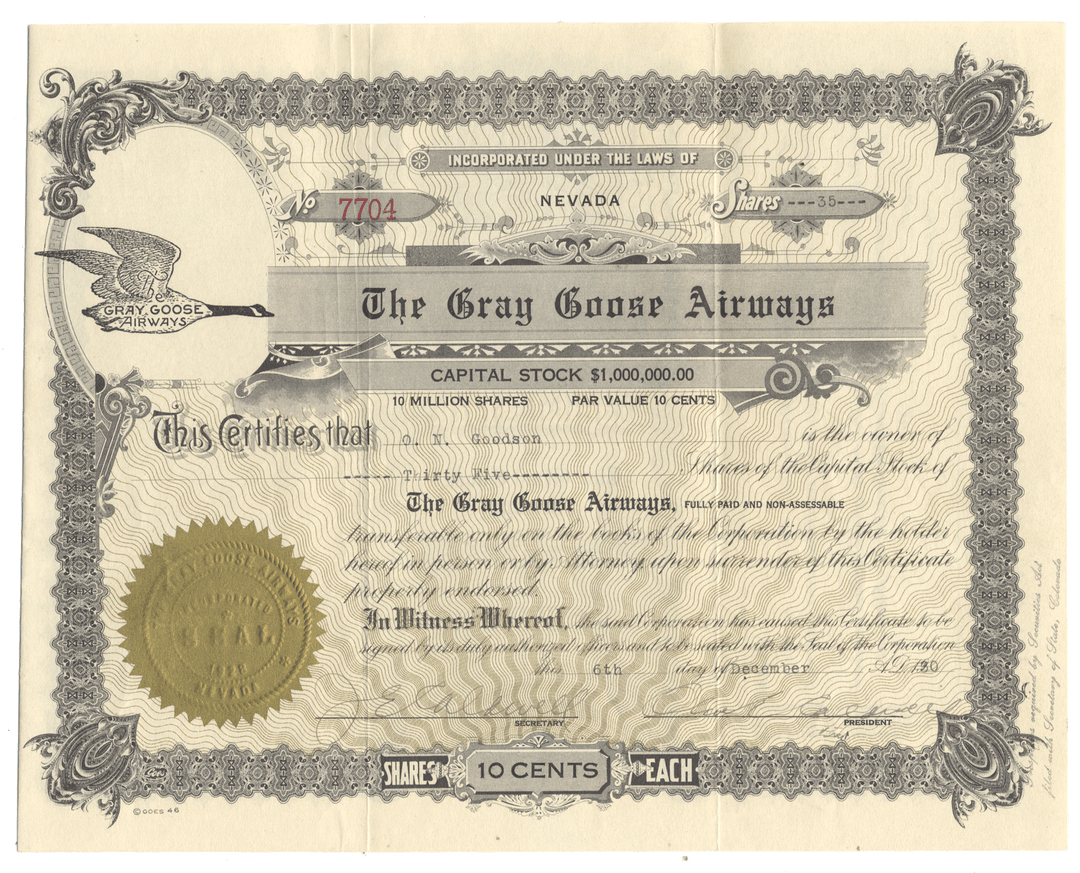 Stock certificate for The Gray Goose Airways from 1930
