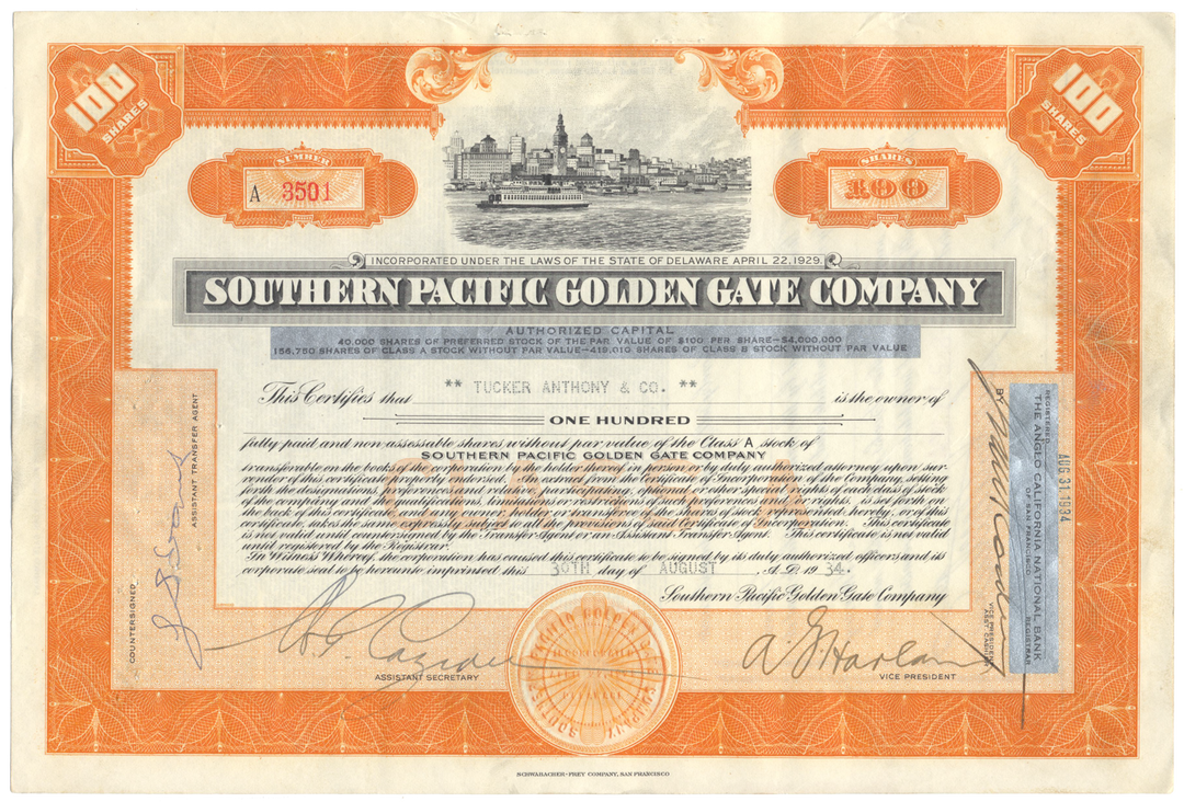 Southern Pacific Golden Gate Company Stock Certificate