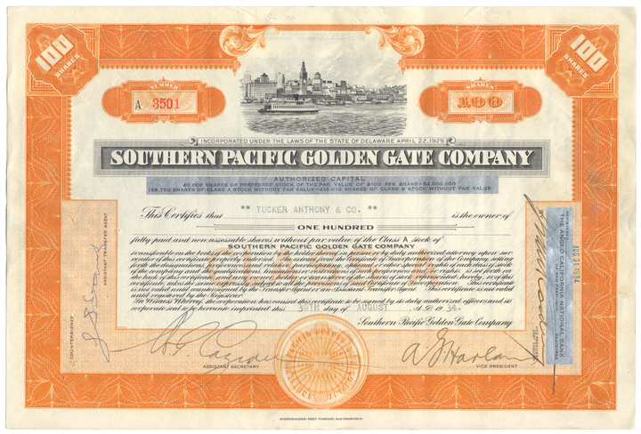 Southern Pacific Golden Gate Company Stock Certificate