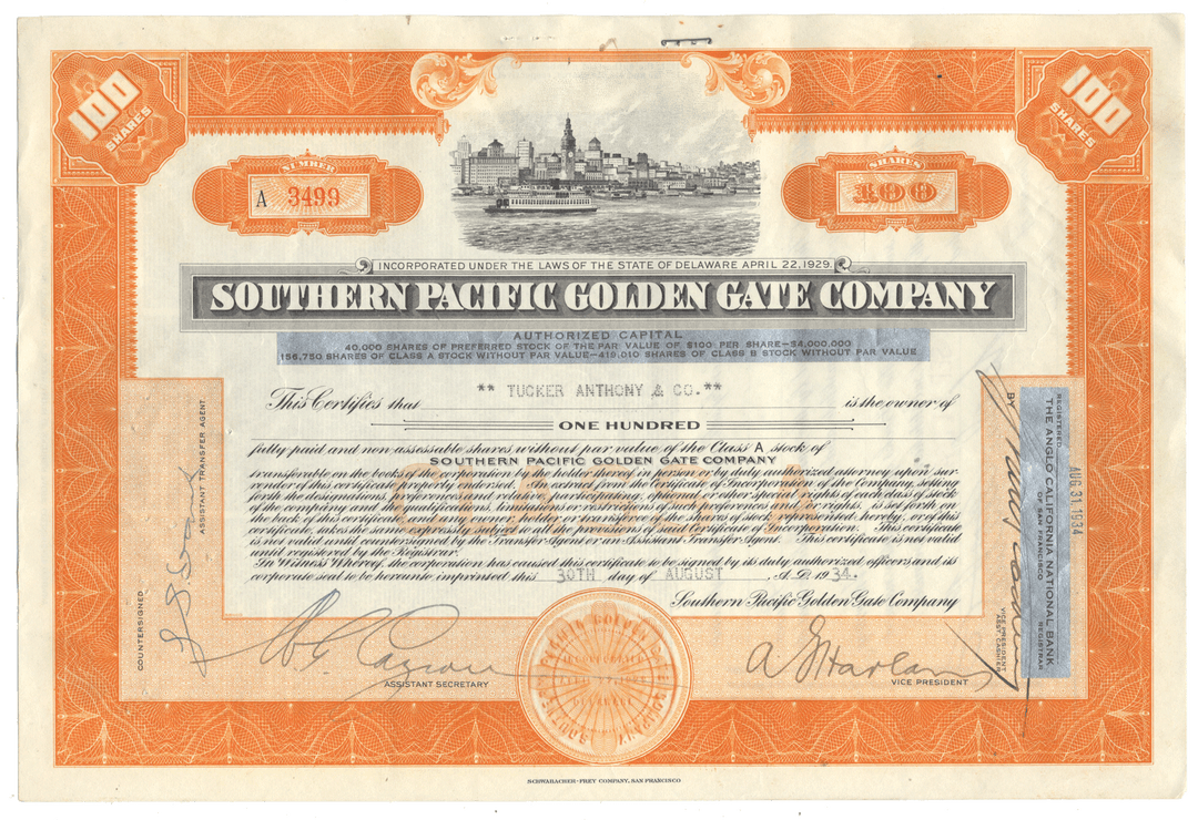 A vintage Southern Pacific Golden Gate Company stock certificate from 1934