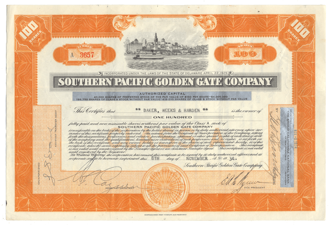 Southern Pacific Golden Gate Company stock certificate from 1934
